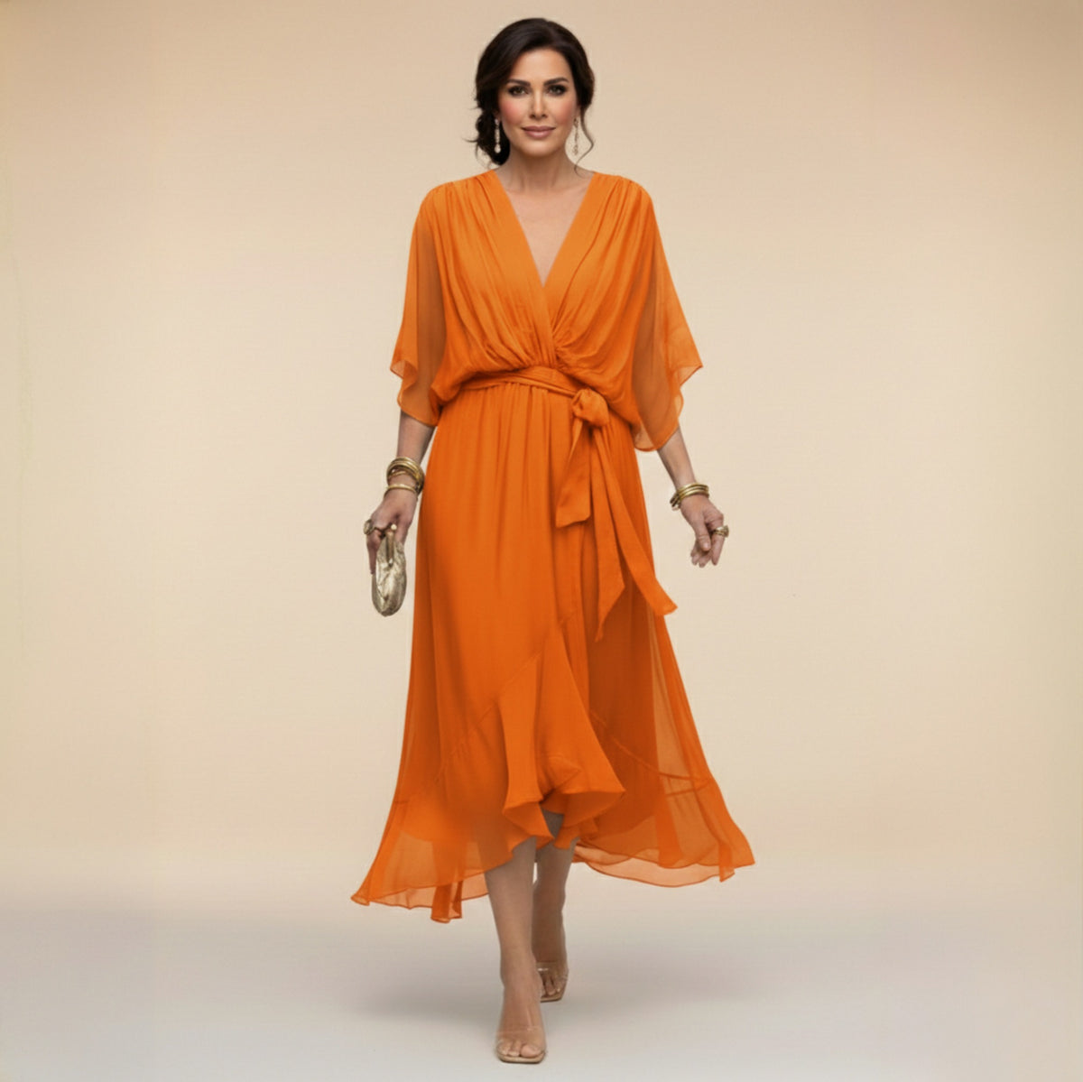 Chiffon Kimono Sleeve Midi Dress
