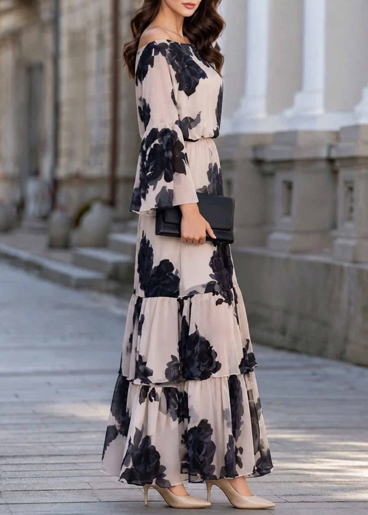 Chiffon Long Bell Sleeve Off Shoulder Maxi Dress