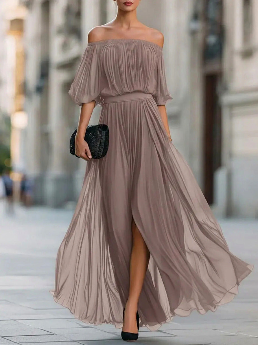 Chiffon Off Shoulder Puff Sleeve Maxi Dress