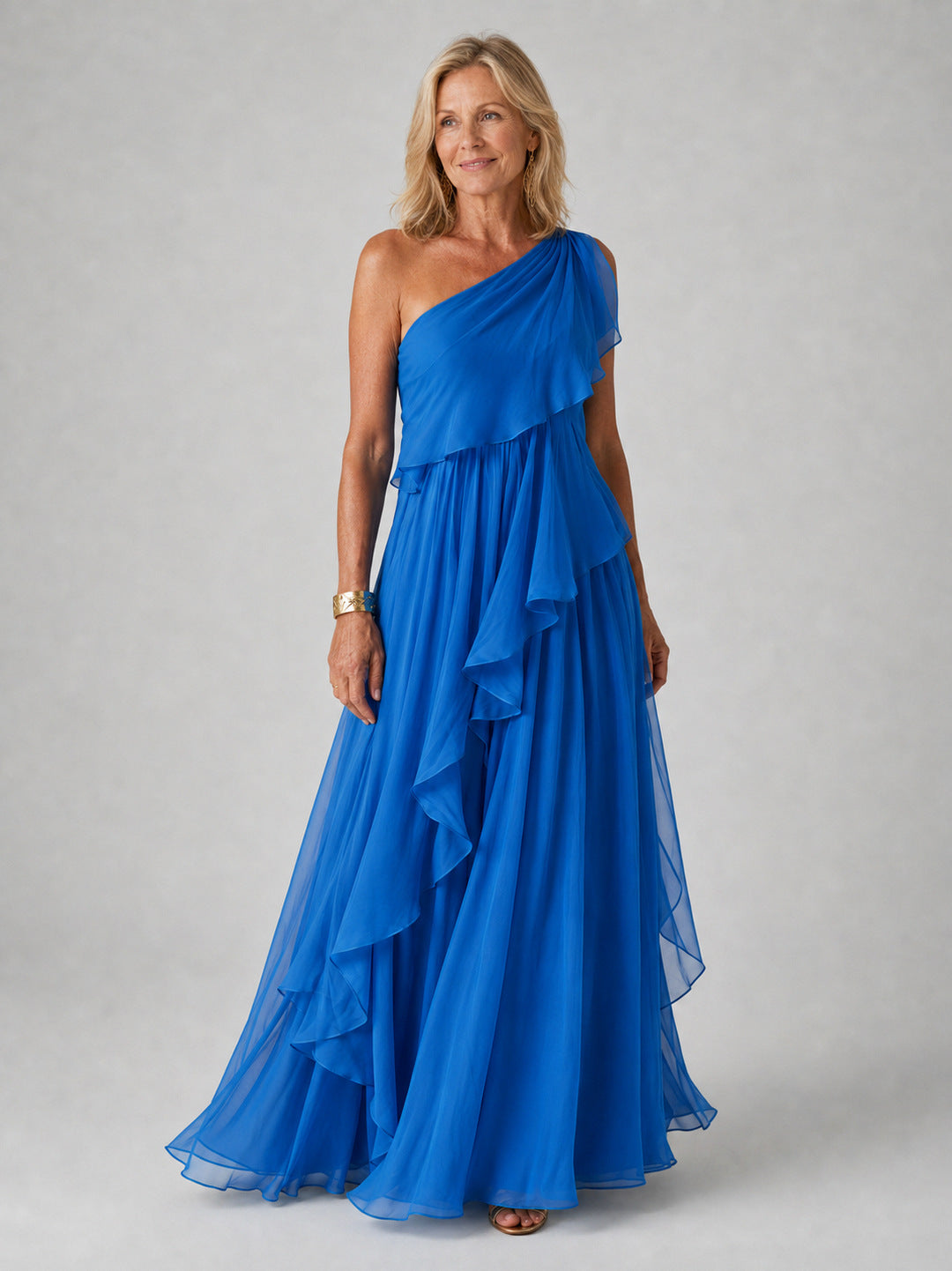 Chiffon One Shoulder Tiered Maxi Dress