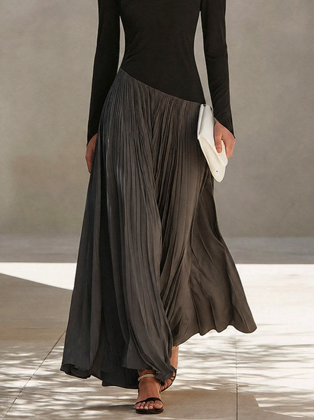 Long Sleeve Cowl Neck Pleated Maxi Dress
