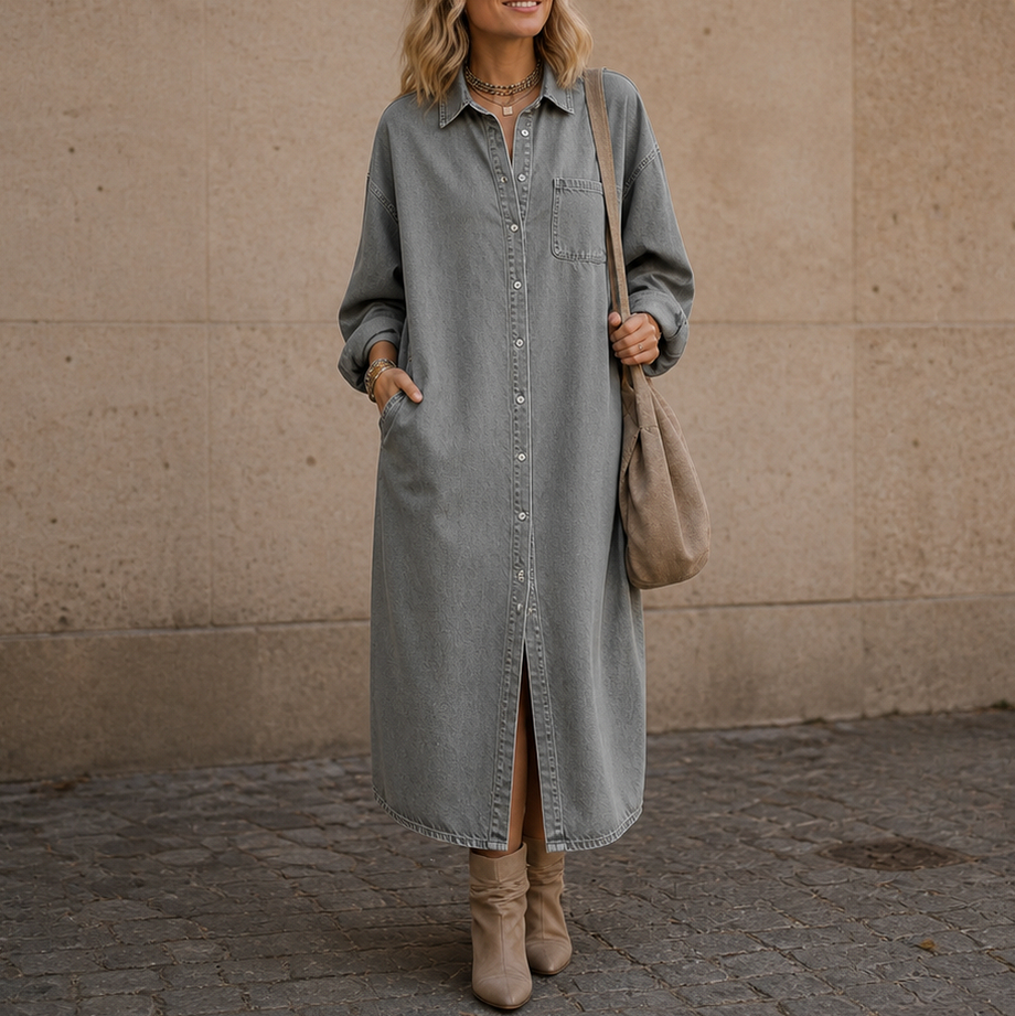 Denim Long Sleeve Maxi Shirt Dress
