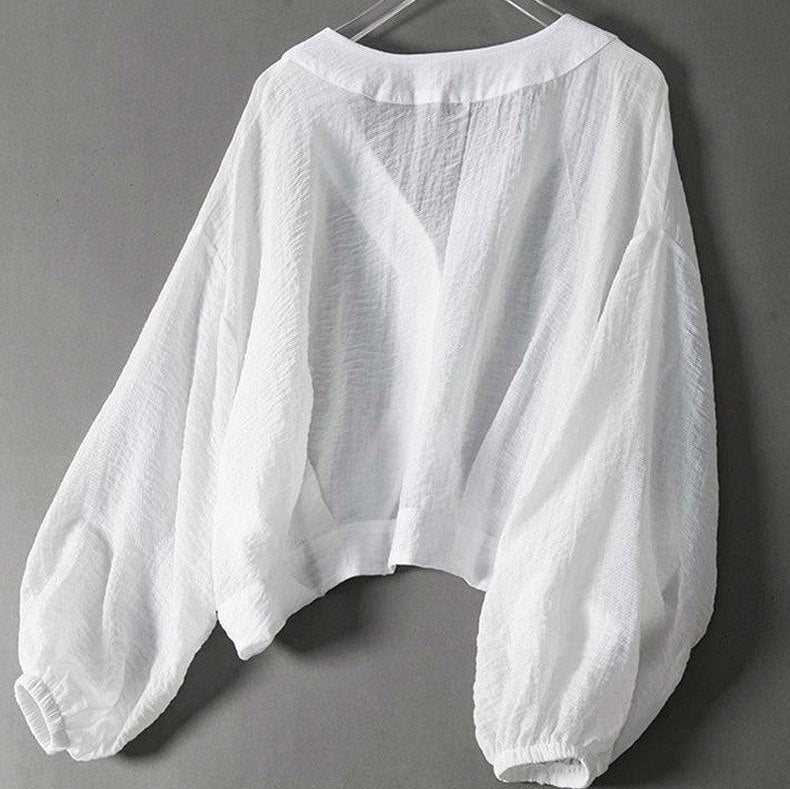 Gauze Balloon Sleeve Button Front Blouse