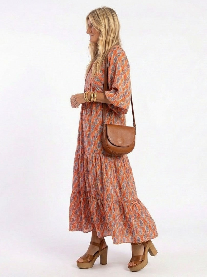 3/4 Sleeve Geometric Balloon Sleeve Midi Dress