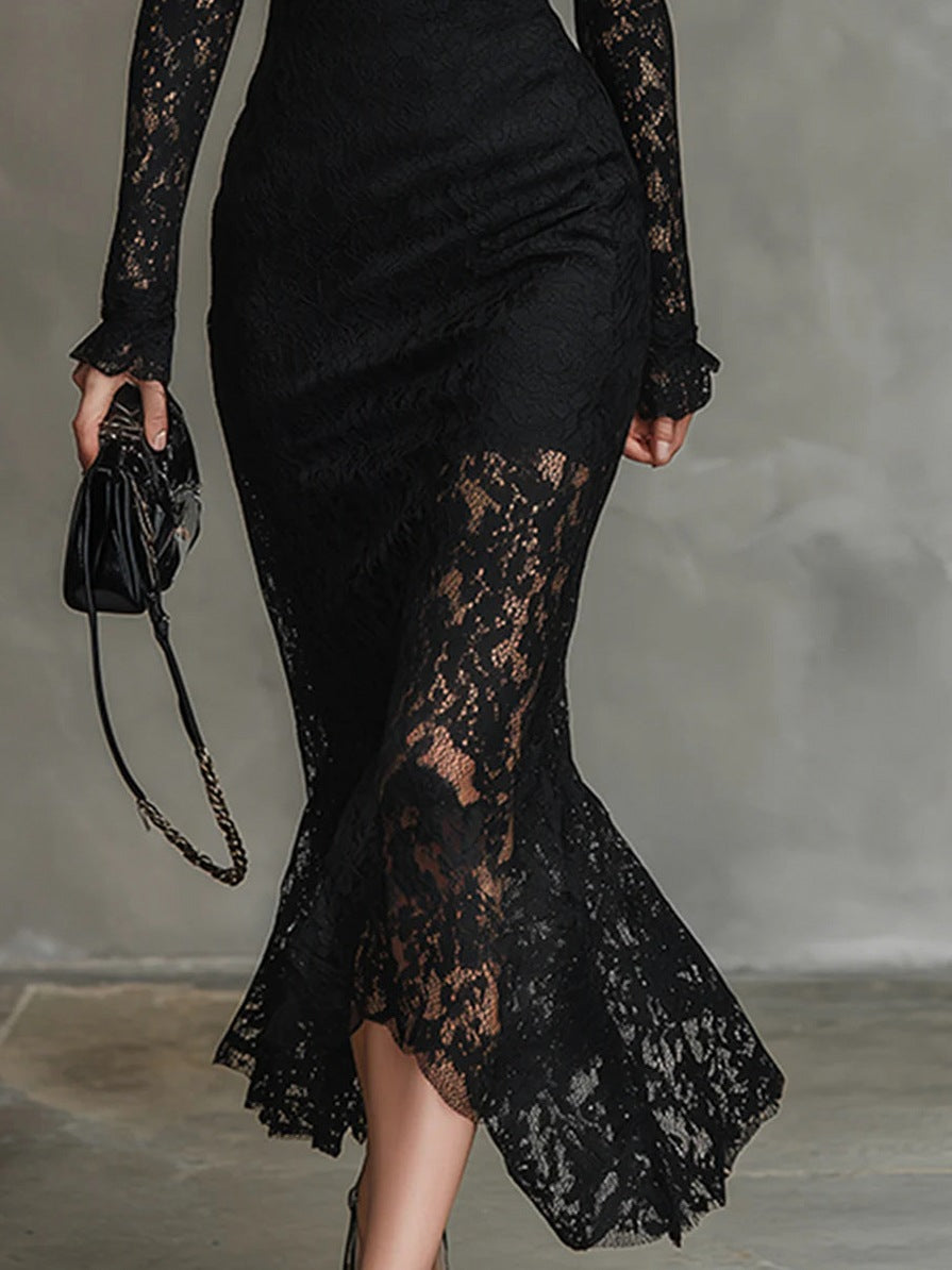 Lace High Neck Long Sleeve Mermaid Dress