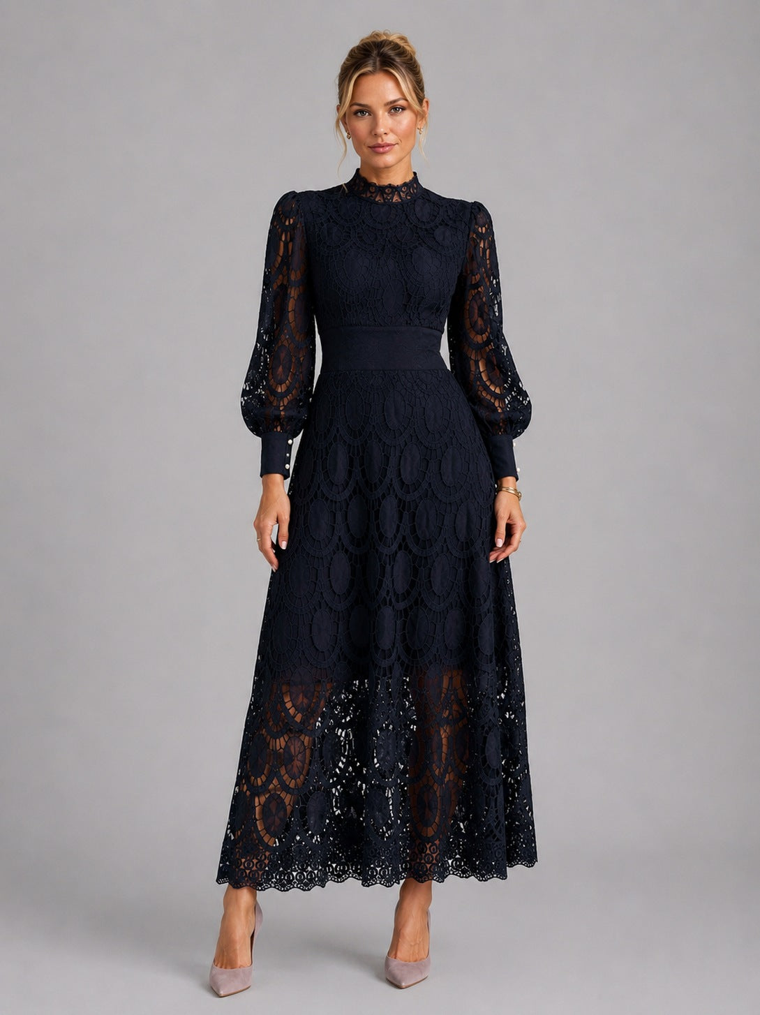 Lace Long Sleeve High Neck Midi Dress