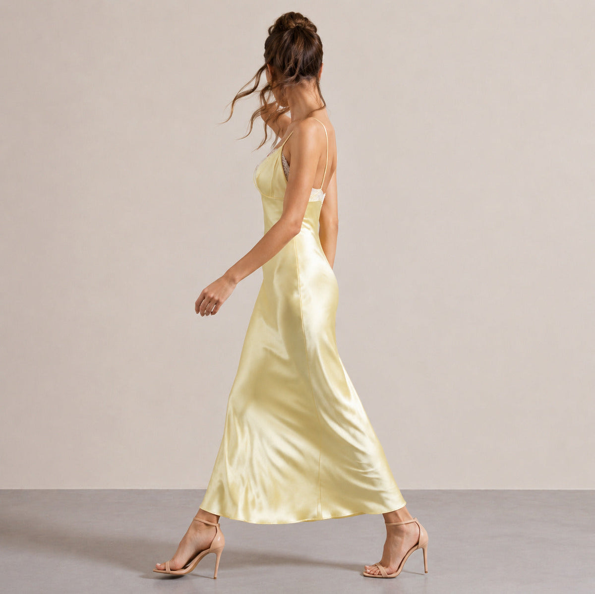 Lace Trim Satin Slip Midi Dress