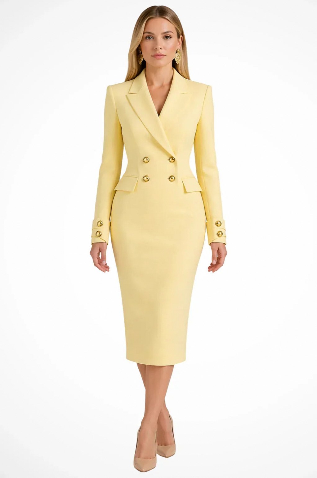 Long Sleeve Double Breasted Button Front Fitted Midi Blazer Dress