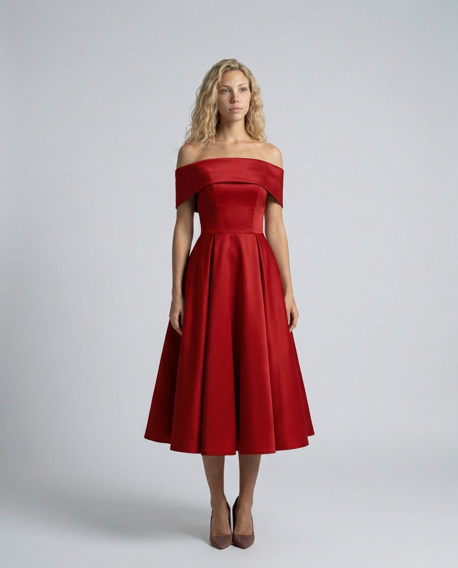 Off Shoulder Pleated Midi Dress