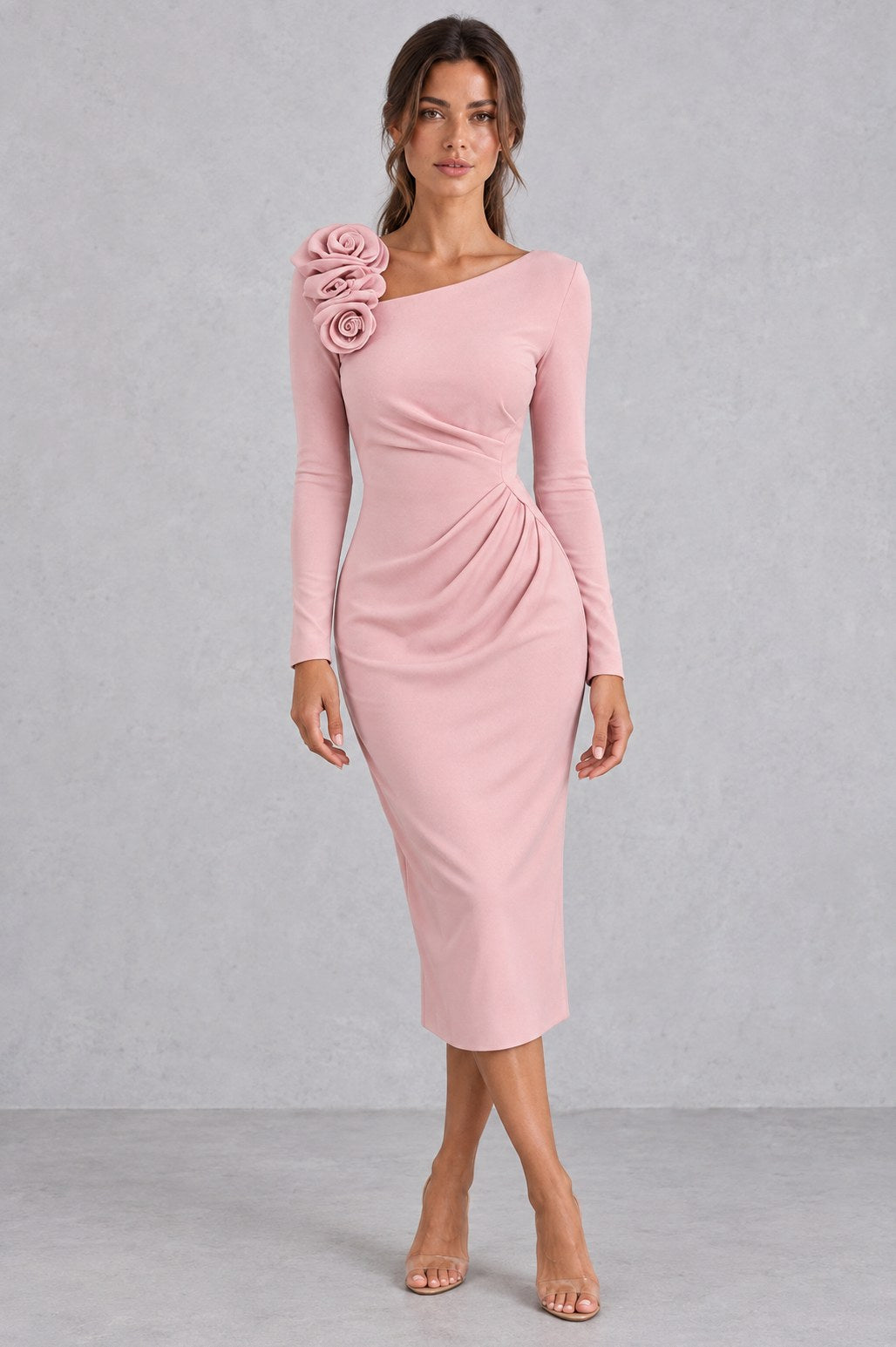 One Shoulder Long Sleeve Rosette Midi Dress