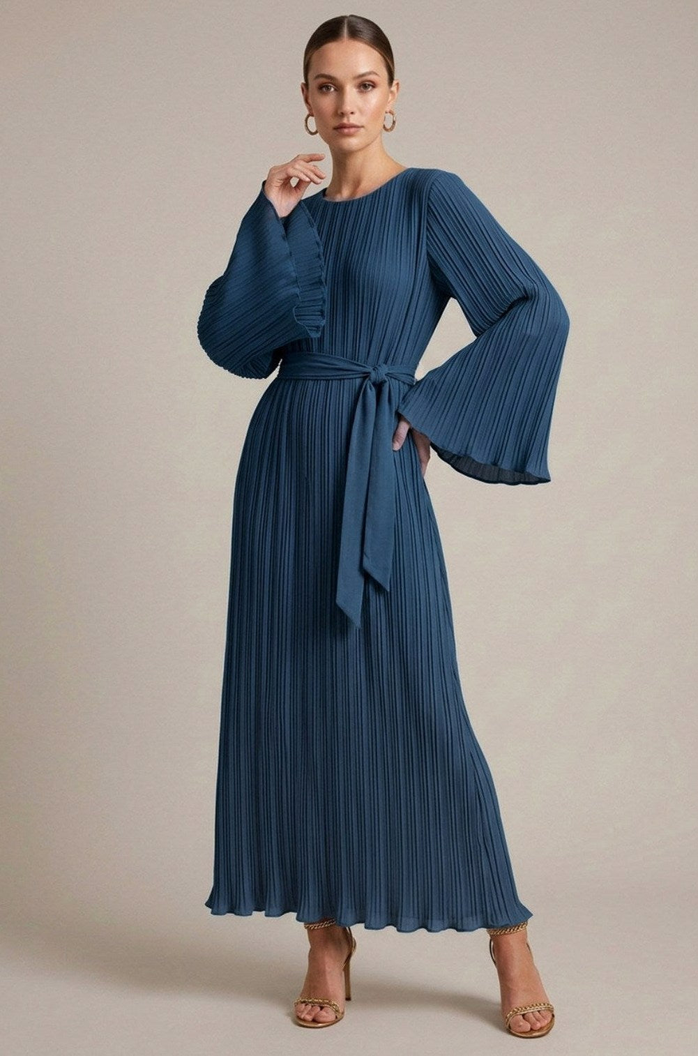 Pleated Long Sleeve Maxi Dress