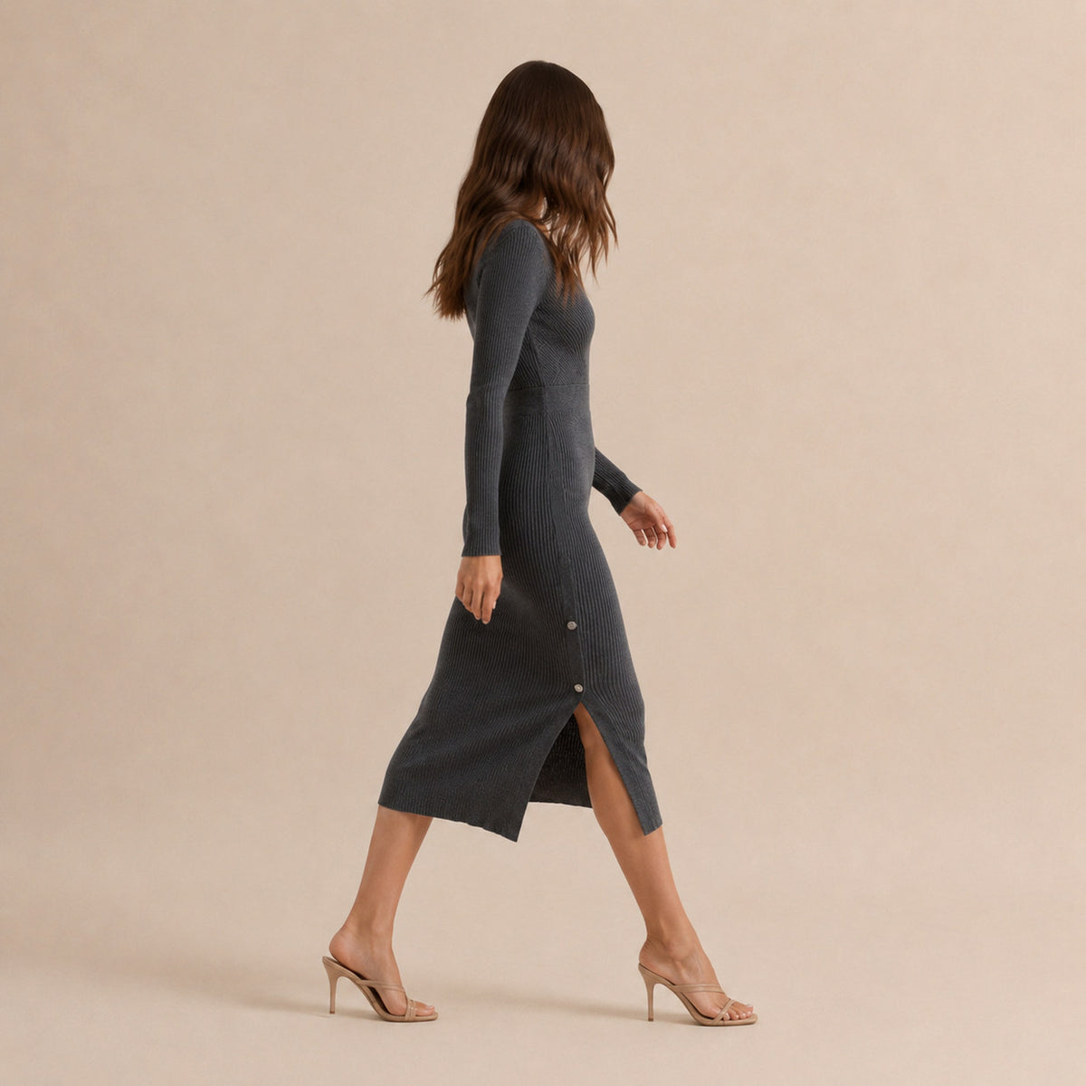 Ribbed Knit Long Sleeve Midi Sweater Dress