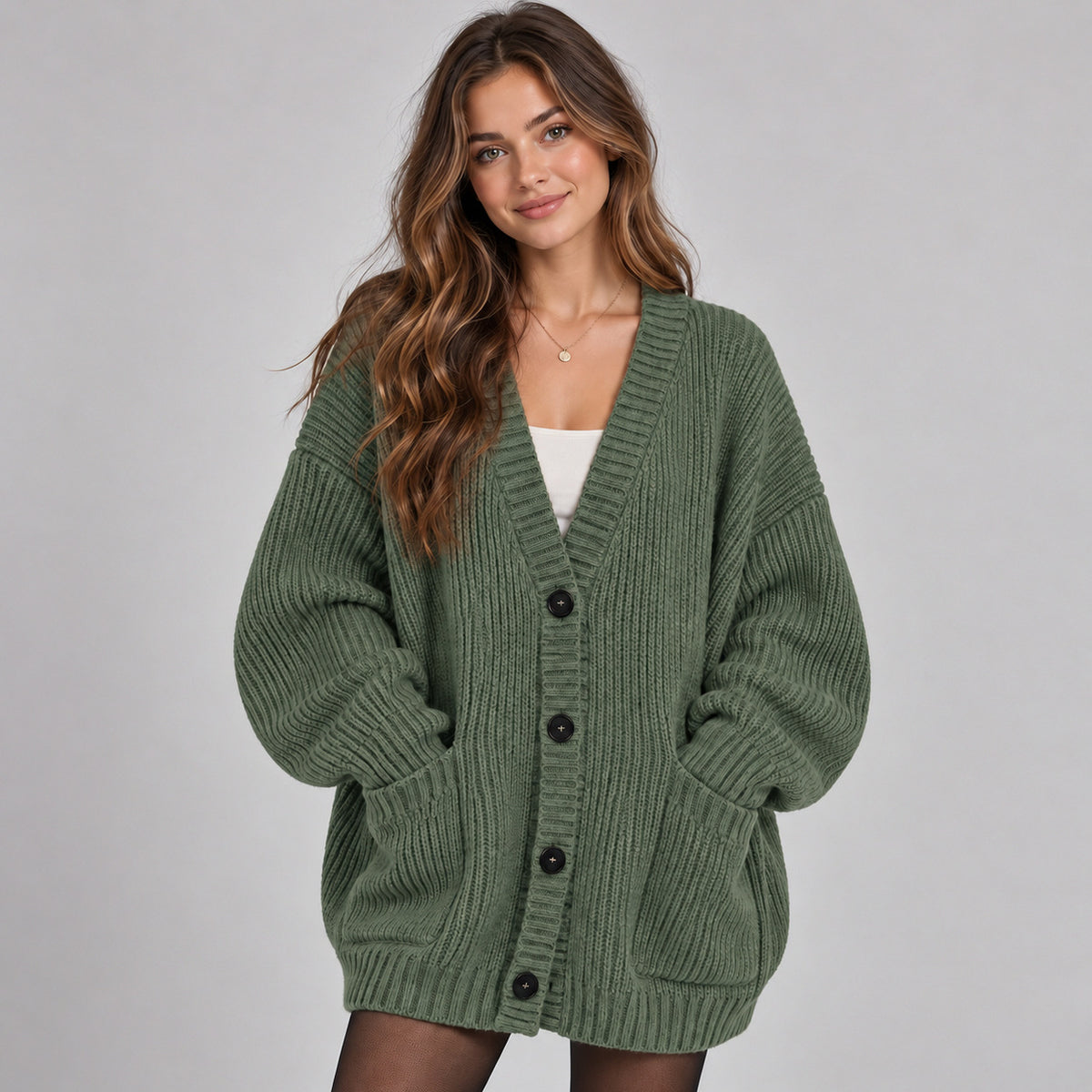 Ribbed Knit Oversized V Neck Button Front Cardigan