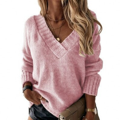 Ribbed Knit V Neck Long Sleeve Sweater