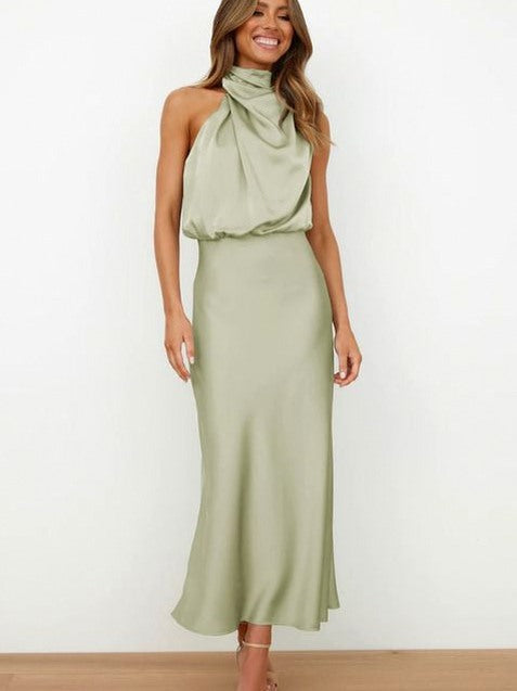 Satin Halter Draped Midi Dress