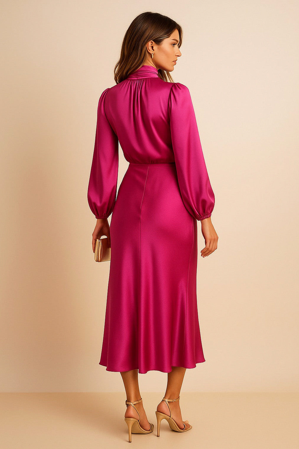 Satin Long Sleeve Midi Dress