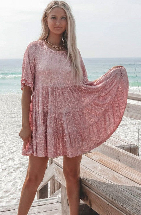 Sequin Short Sleeve Babydoll Tiered Mini Dress
