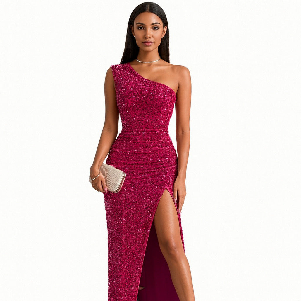 Sequin One Shoulder Maxi Dress