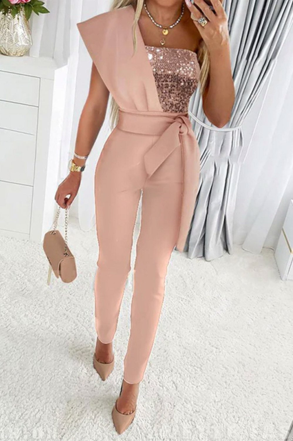 Sequin One Shoulder Tie Waist Jumpsuit