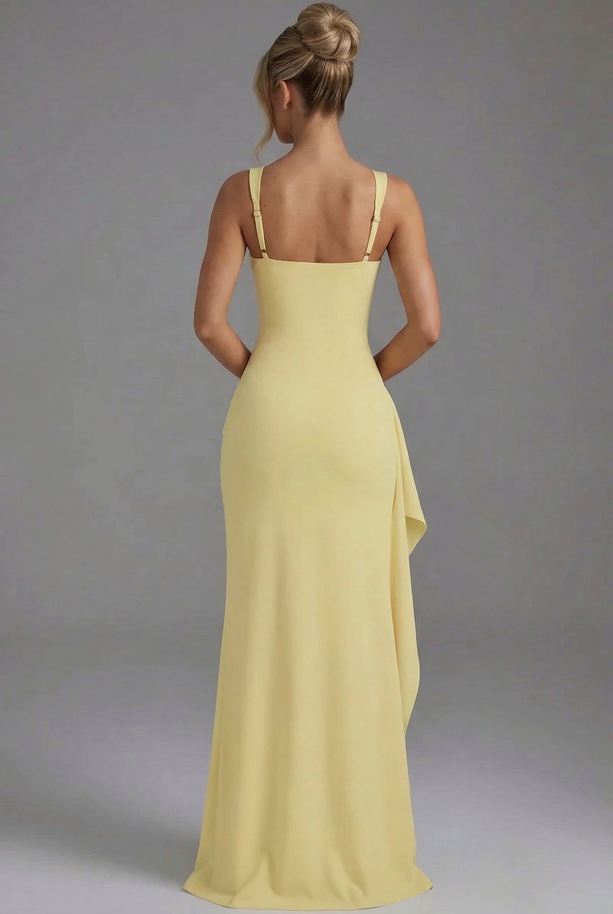 Square Neck Draped Ruched Slit Maxi Dress