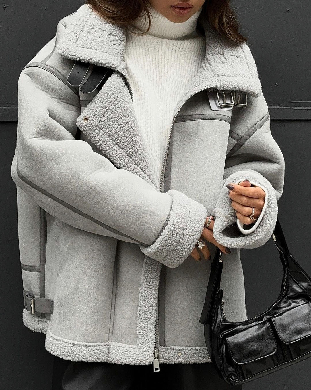 Suede Sherpa Trim Oversized Jacket