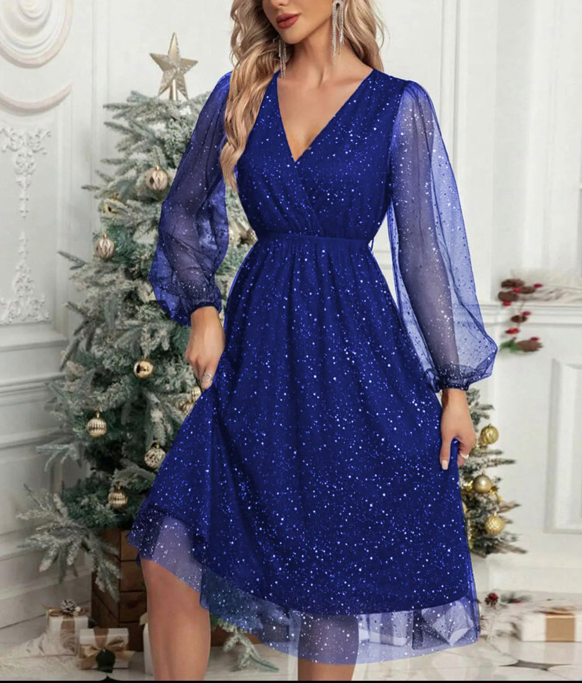 Tulle Wrap Long Sleeve Midi Dress