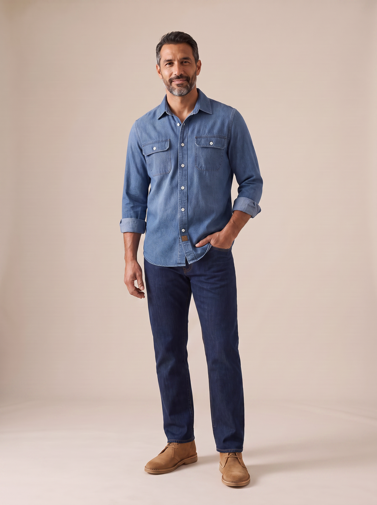 Man in a denim work shirt with the sleeves rolled, one hand in his pocket