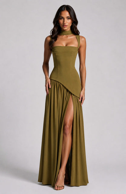 Asymmetric Corset Scarf Maxi Dress