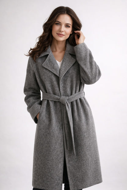 Belted Notched Lapel Long Coat