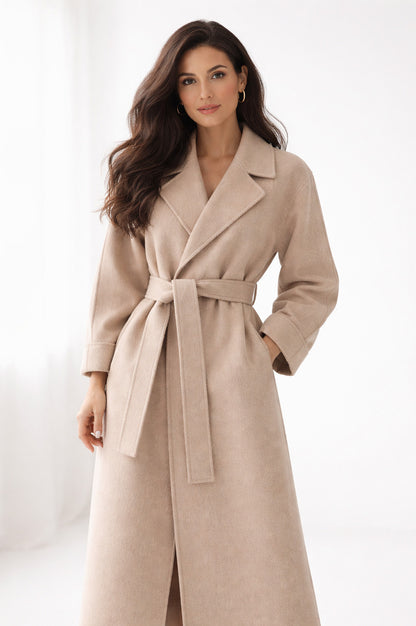 Belted Notched Lapel Long Coat