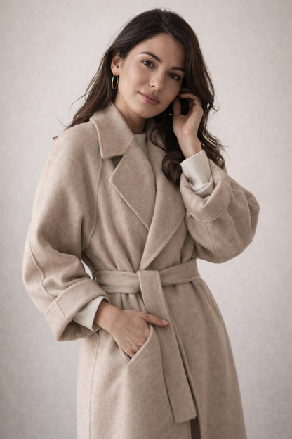 Belted Notched Lapel Long Coat