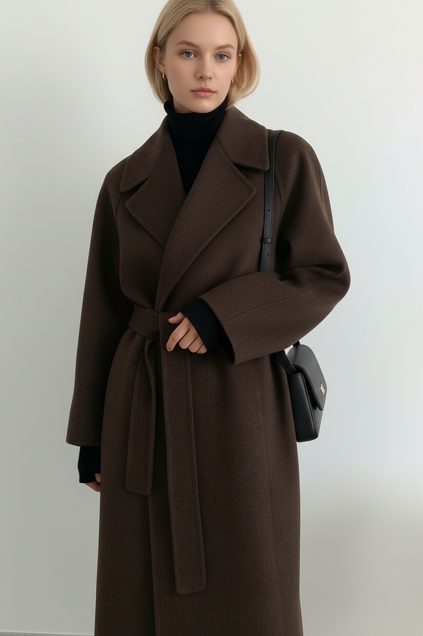 Belted Notched Lapel Long Coat