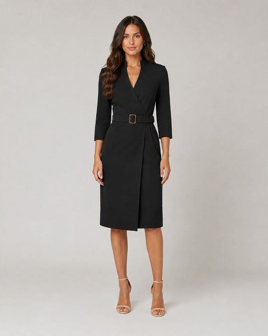 3/4 Sleeve Belted Wrap Midi Dress
