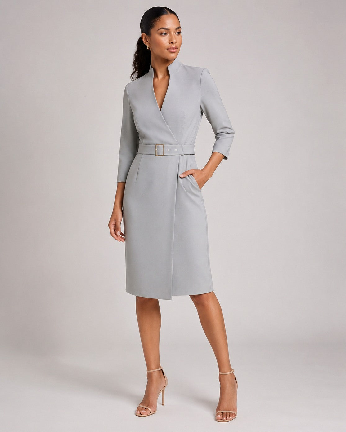 3/4 Sleeve Belted Wrap Midi Dress
