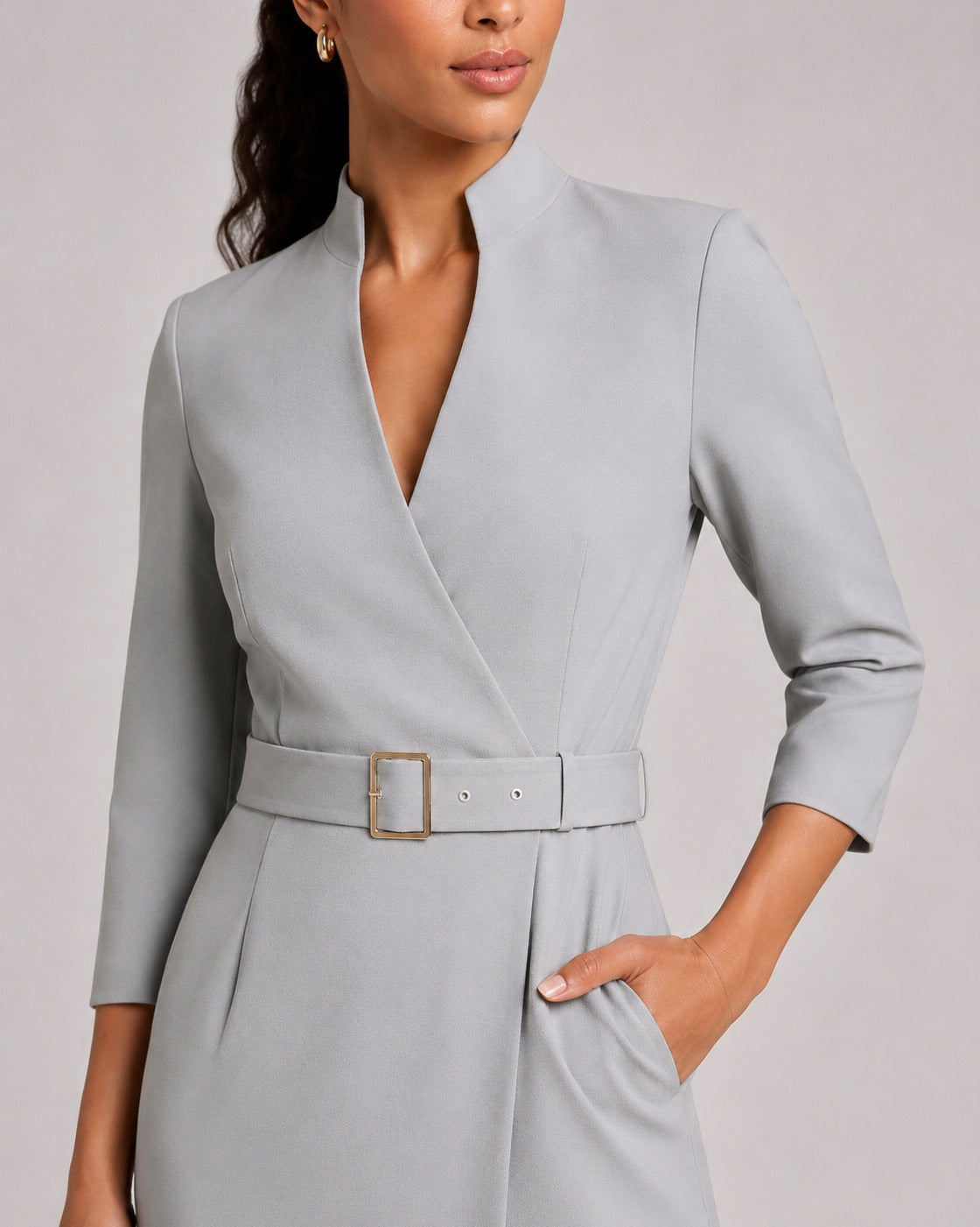 3/4 Sleeve Belted Wrap Midi Dress