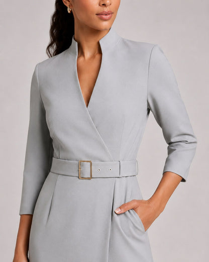 3/4 Sleeve Belted Wrap Midi Dress