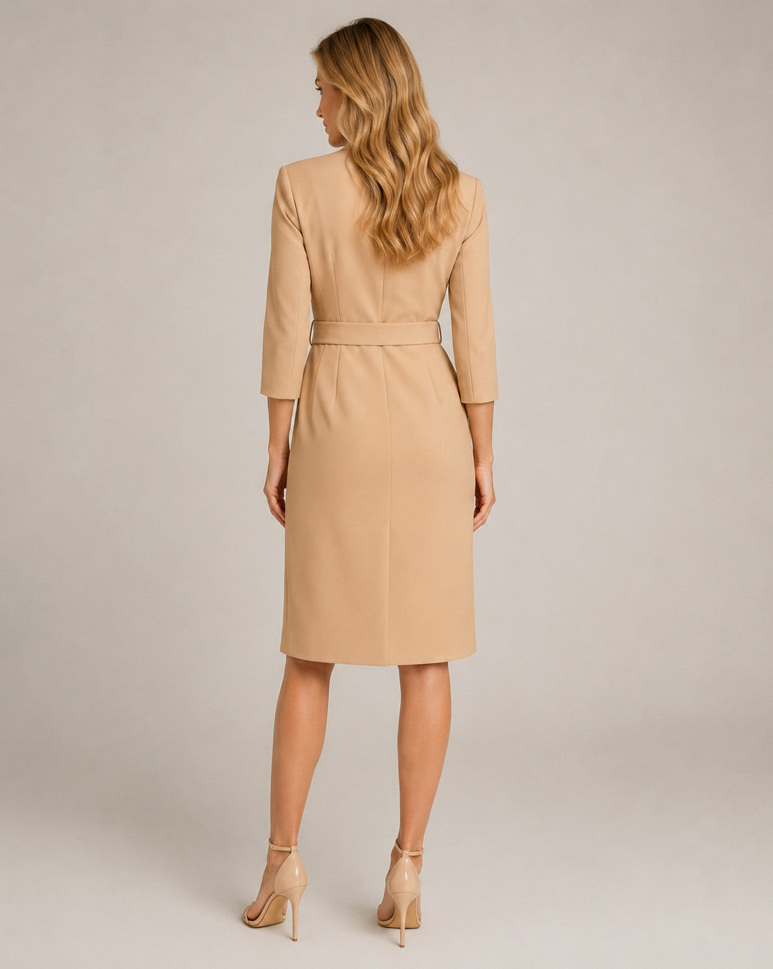 3/4 Sleeve Belted Wrap Midi Dress