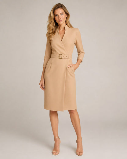3/4 Sleeve Belted Wrap Midi Dress