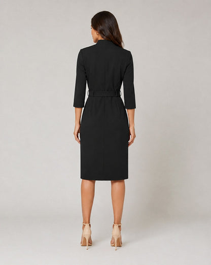 3/4 Sleeve Belted Wrap Midi Dress