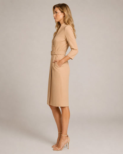 3/4 Sleeve Belted Wrap Midi Dress