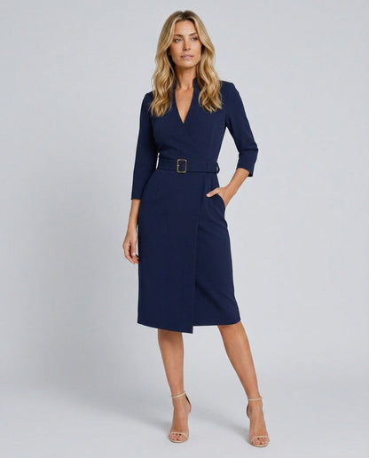 3/4 Sleeve Belted Wrap Midi Dress