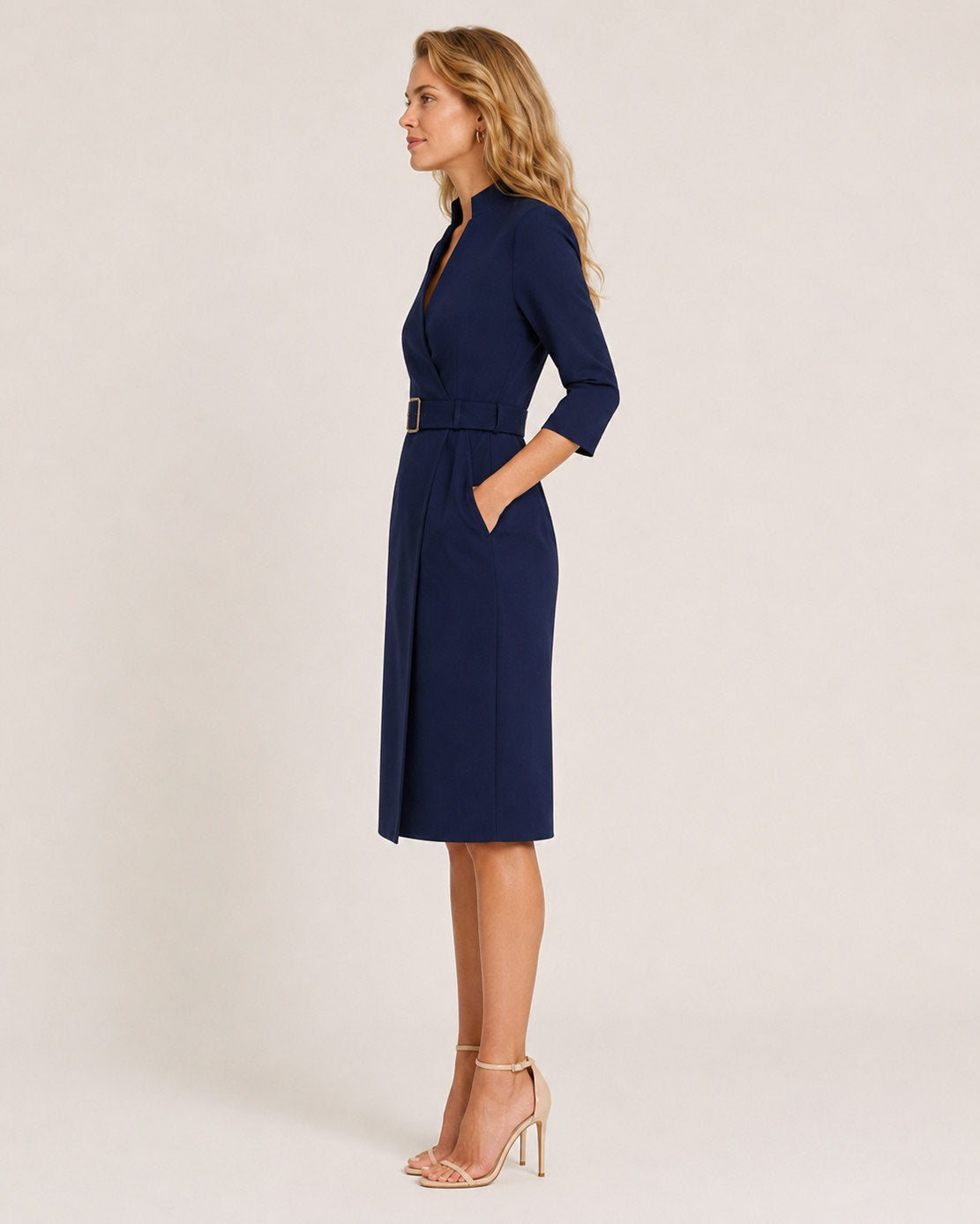 3/4 Sleeve Belted Wrap Midi Dress
