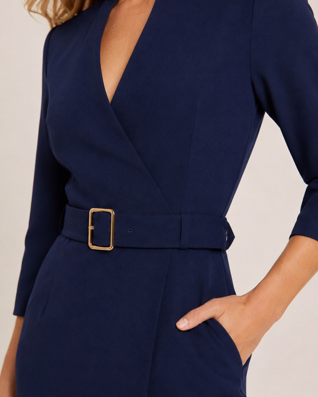 3/4 Sleeve Belted Wrap Midi Dress