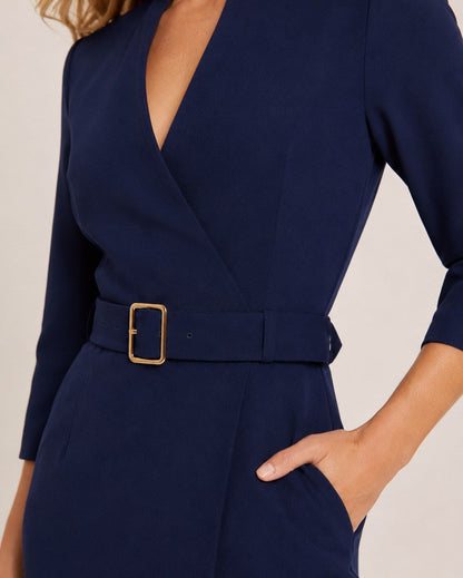 3/4 Sleeve Belted Wrap Midi Dress