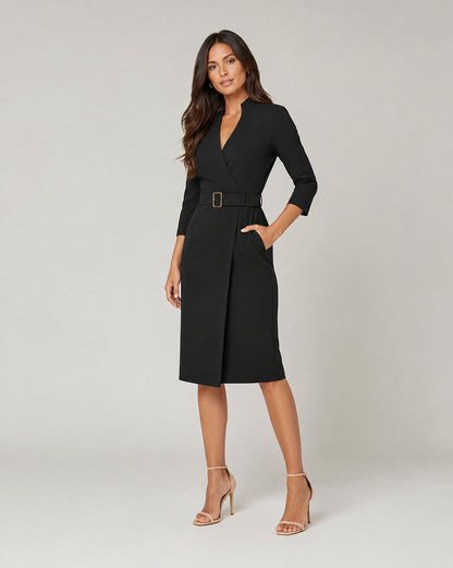 3/4 Sleeve Belted Wrap Midi Dress