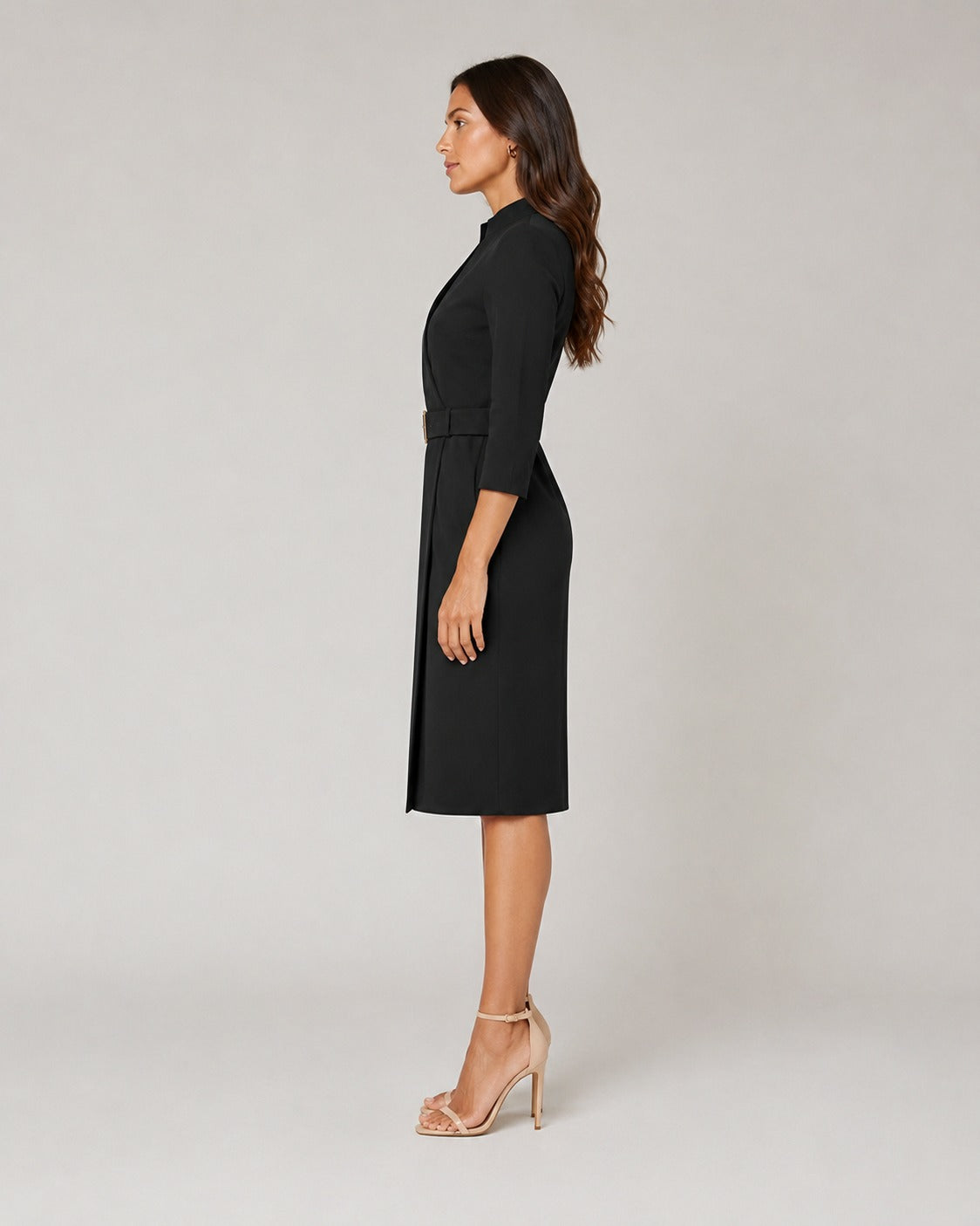 3/4 Sleeve Belted Wrap Midi Dress