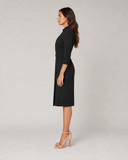 3/4 Sleeve Belted Wrap Midi Dress