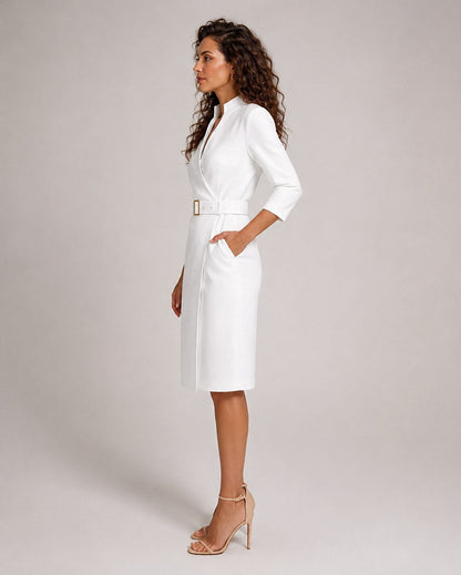 3/4 Sleeve Belted Wrap Midi Dress