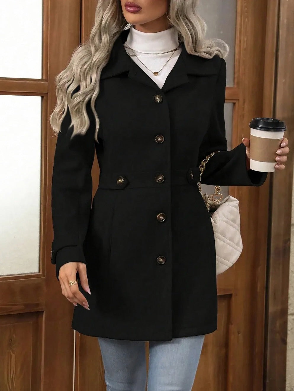 Button Front Long Sleeve Coat