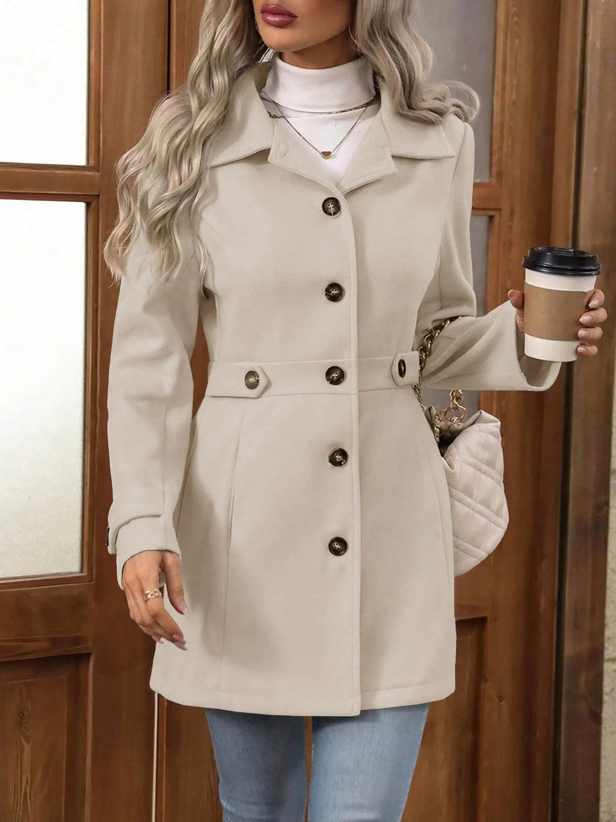 Button Front Long Sleeve Coat